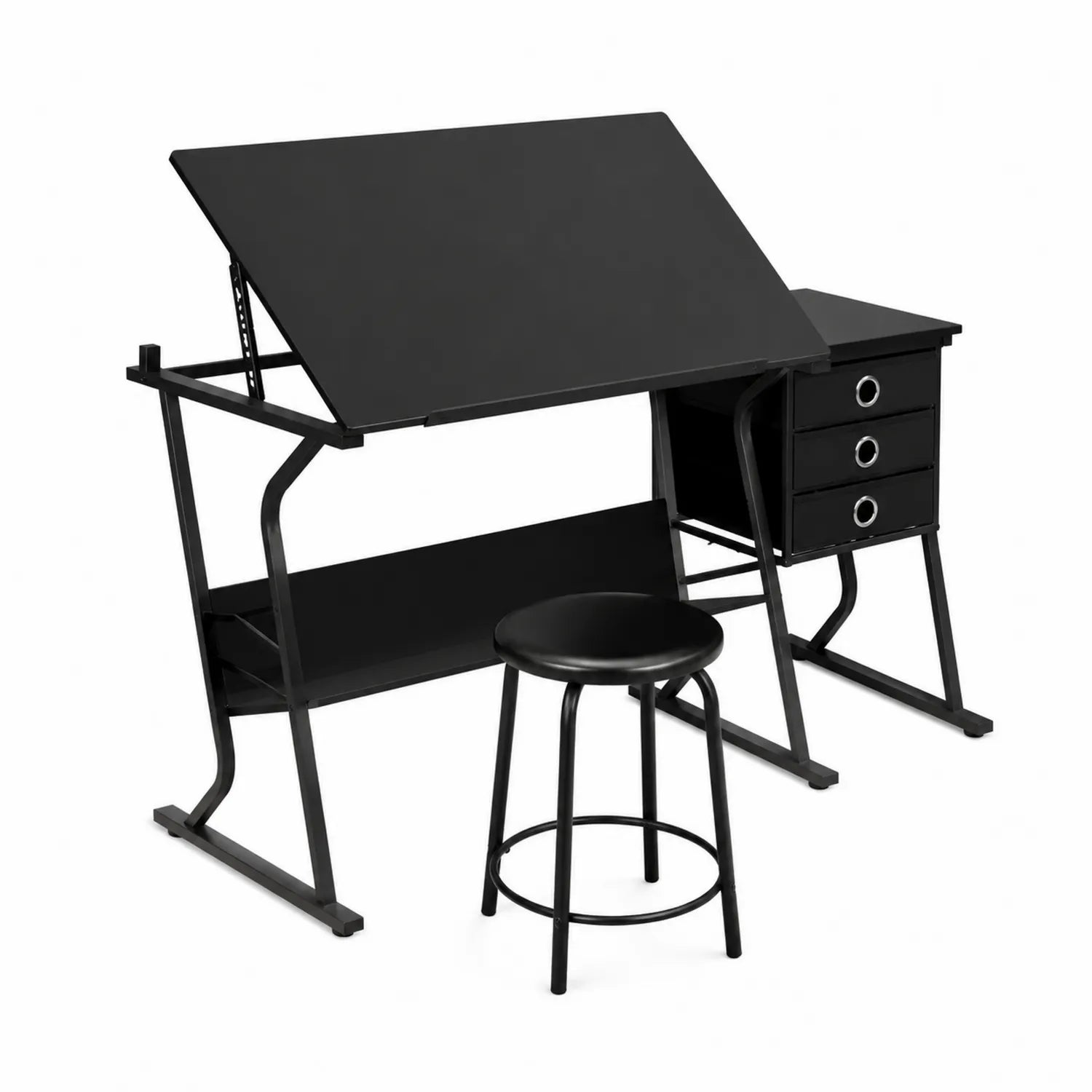 Table à dessin noire avec tiroirs et tabouret, métal