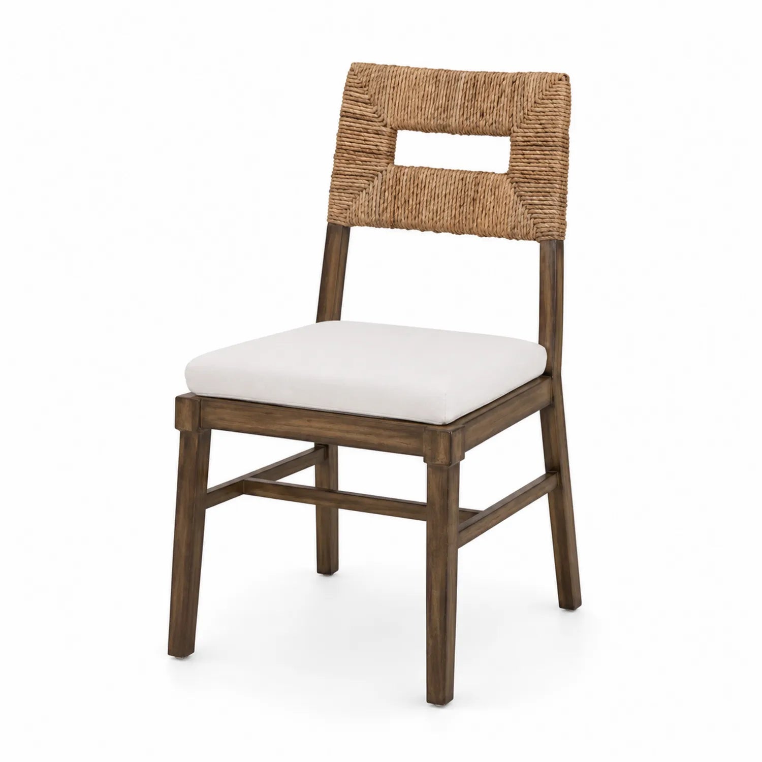 Esszimmerstuhl Holz Seilgeflecht Rückenlehne Polyester Sitzfläche Braun/Weiß