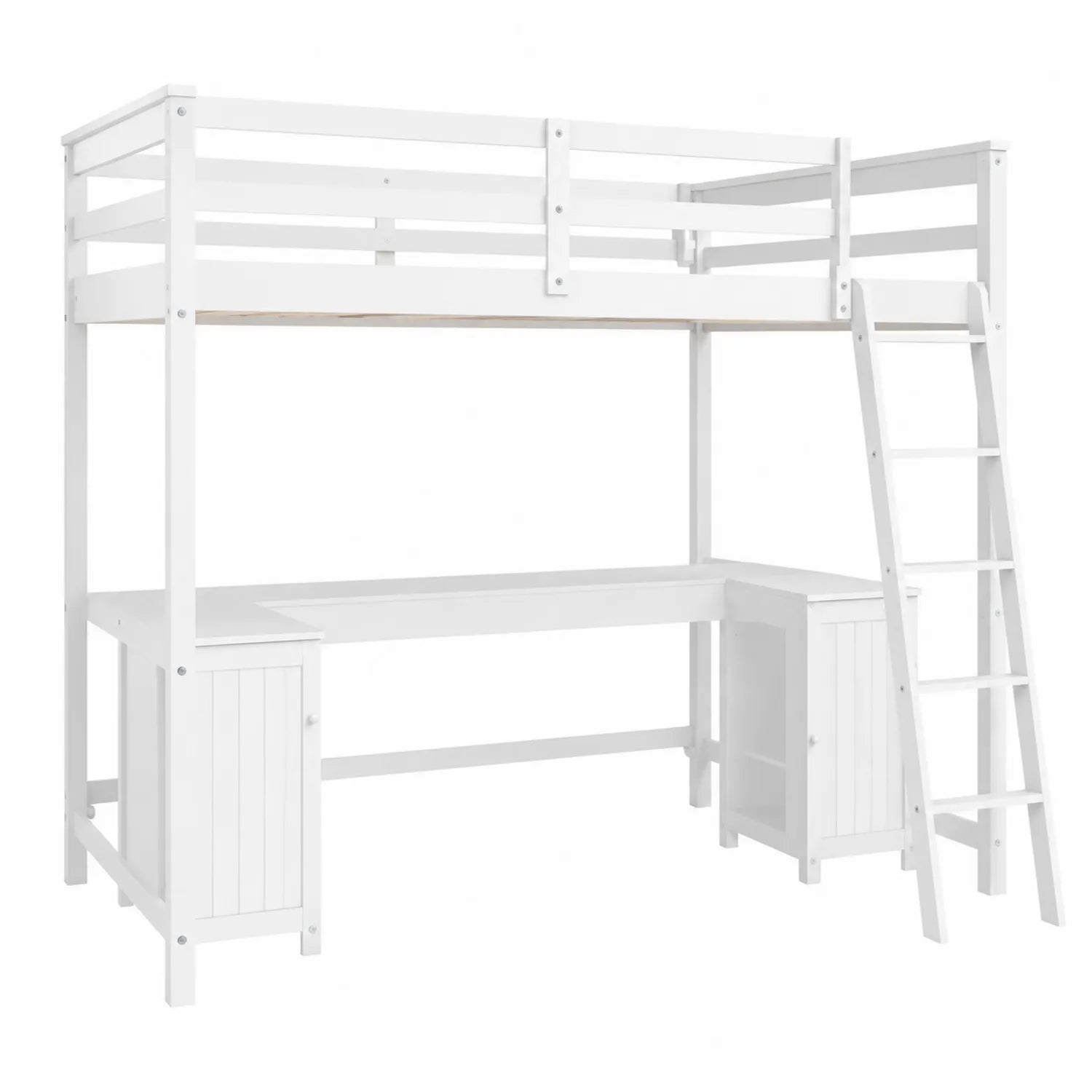 Lit superposé avec échelle, bureau et armoires, pin, blanc