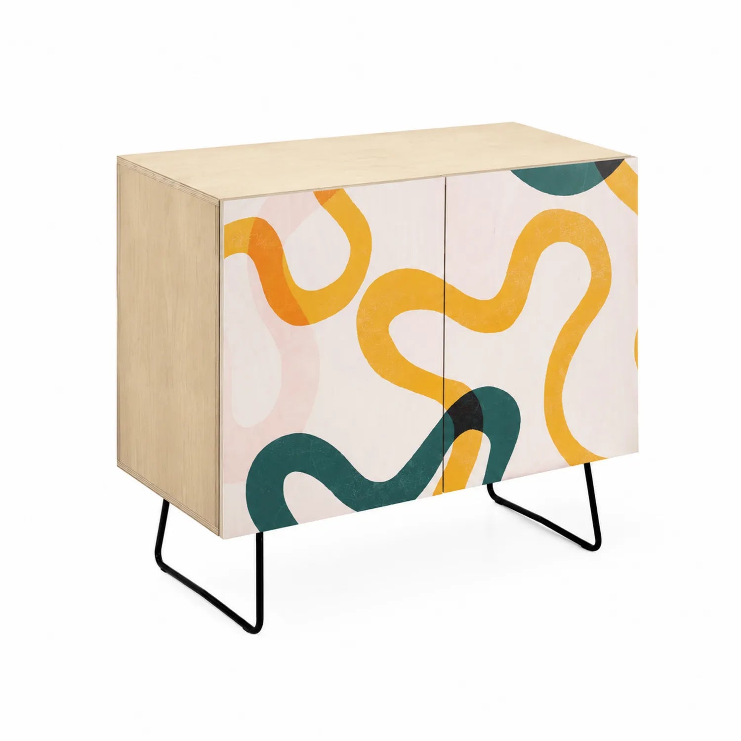 Schrank Holz mit abstraktem Muster und Metallbeinen