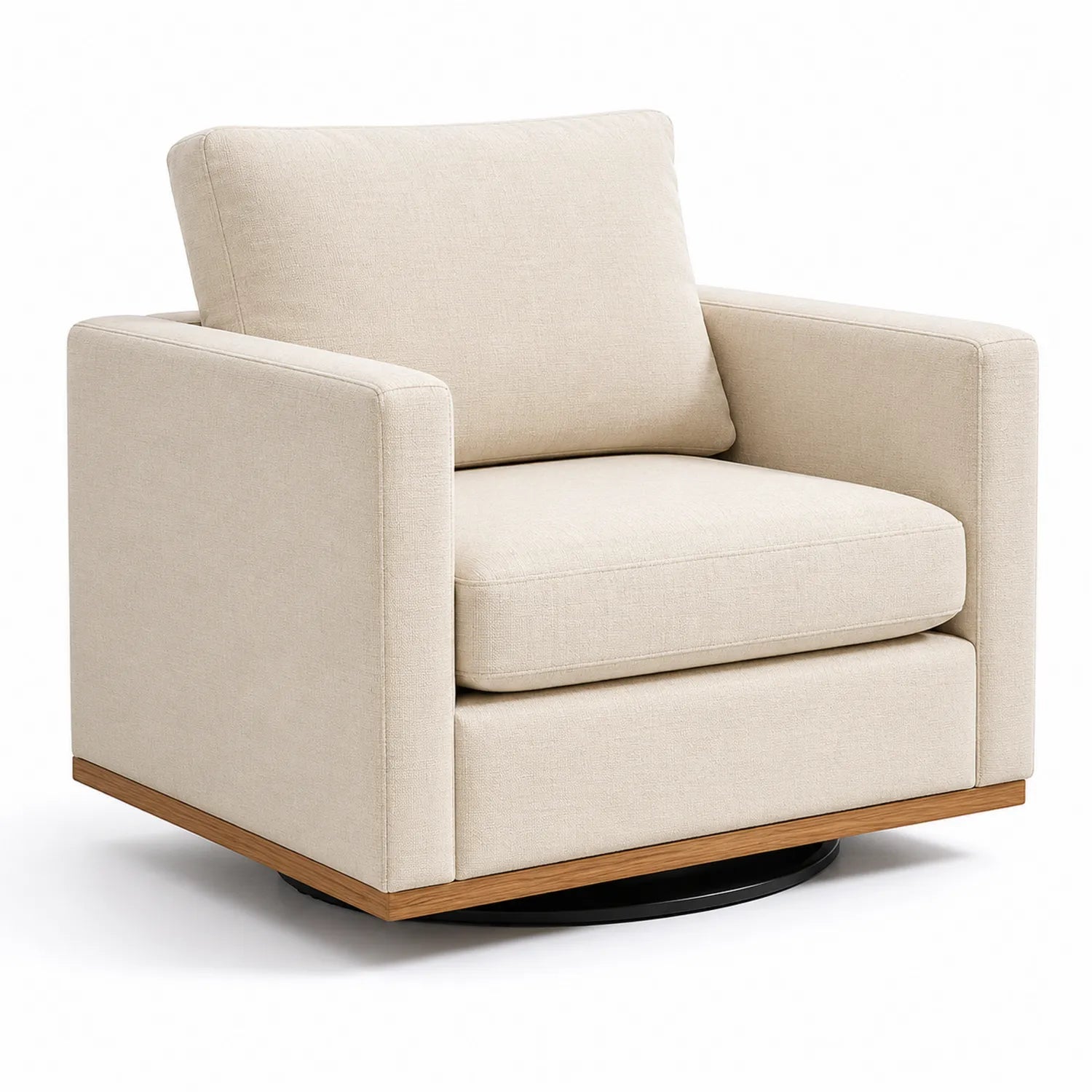 Drehbarer Sessel mit Leinenbezug und Holzrahmen, Beige