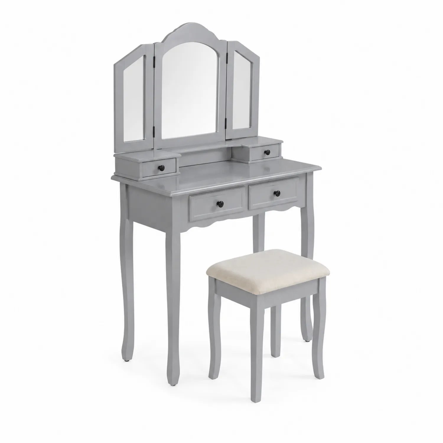 Schminktisch Set aus Holz mit Spiegel und Hocker Grau