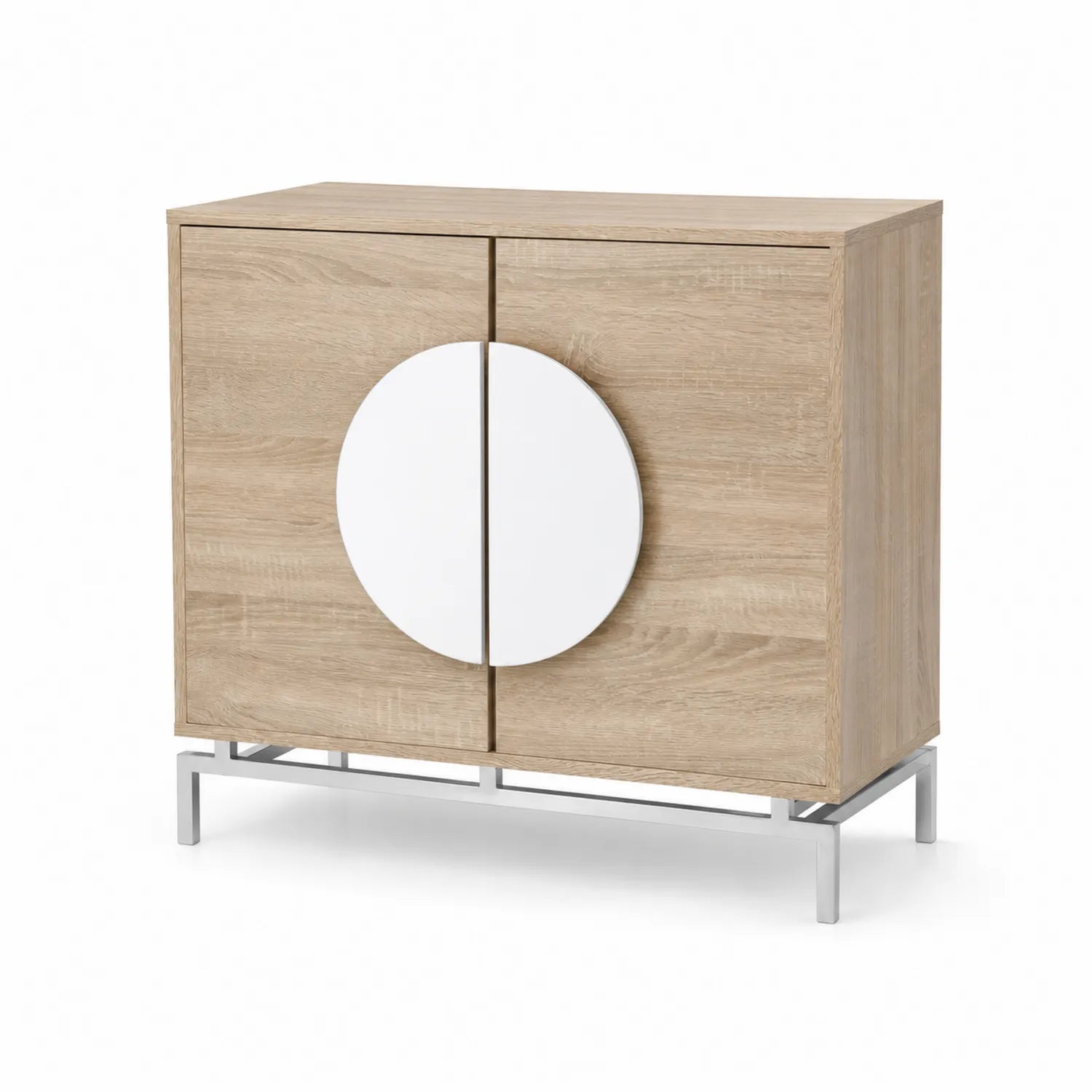 Sideboard aus Eichenfurnier mit Metallgestell, Natur und Weiß, 80x35x75 cm
